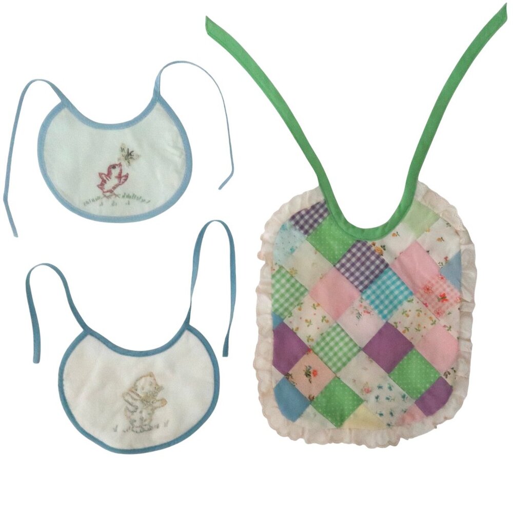 vtg Handmade bibs lot of 3 embroidered patchwork